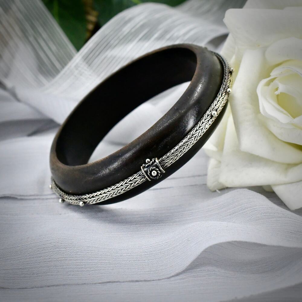 Vintage Sterling Silver Ebony Wood Bangle Bracelet Size 8 Slip On